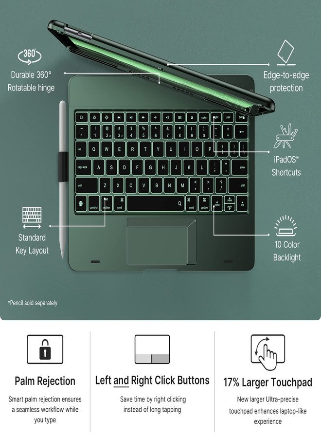 typecase جراب typecase Touch لجهاز iPad من الجيل التاسع مع لوحة مفاتيح (10.2 بوصة، 2021)، لوحة لمس متعددة اللمس، إضاءة خلفية بـ 10 ألوان، قابل للدوران 360 درجة، نحيف وخفيف الوزن لأجهزة iPad من الجيل الثامن والسابع وAir 3 وPro 10.5 (أخضر منتصف الليل) - Image 5